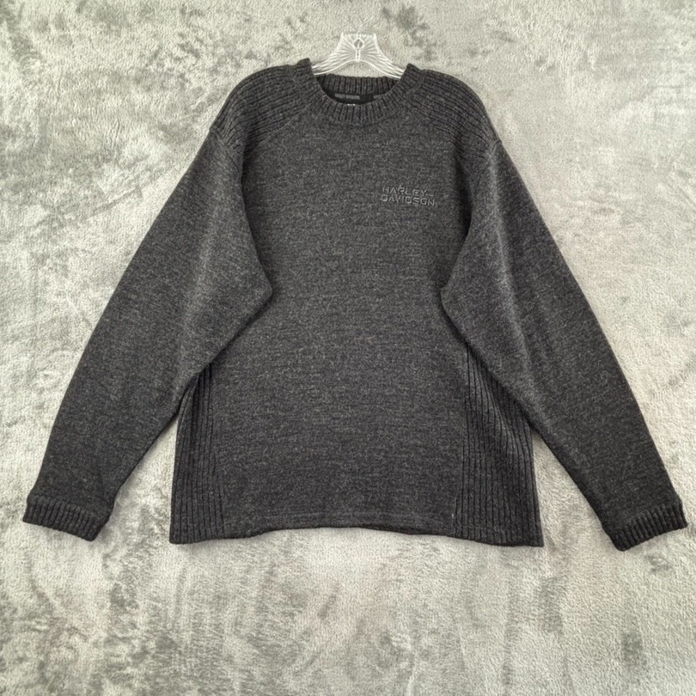 Harley-Davidson Wool Blend Crew Sweater Mens L Charcoal Gray Spellout Embroidery